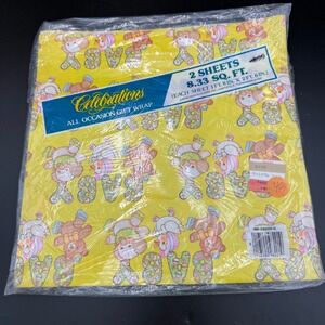 Vintage 1986 Celebrations Baby Shower Gift Wrap 2 Sheets Yellow Bear 29020-C
